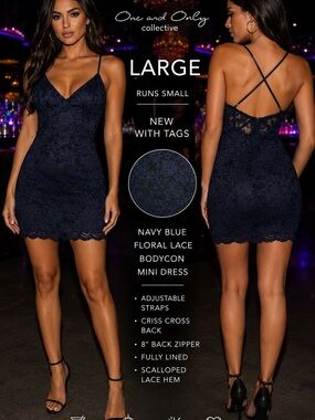 One and Only Collective dress tag size LG RUNS SMALL blue Lace Bodycon Mini new